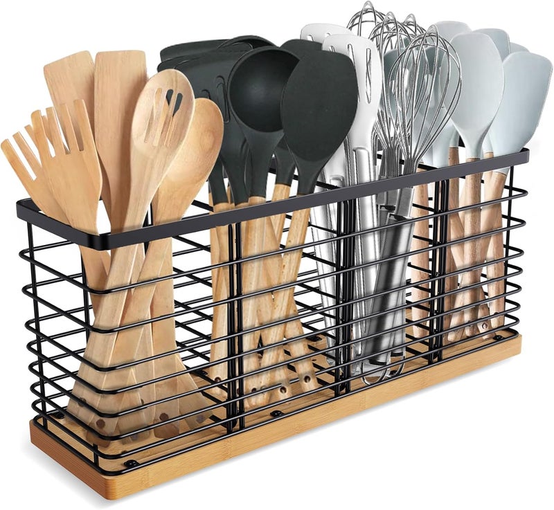 Suli Extra Large Kitchen Utensil Holder with 4 Compartments，Matte Black Metal holder with Wooden Base for Kitchen Countertop，Farmhouse Cooking Utensil Storage, Rustic Cooking Utensil - Image 1